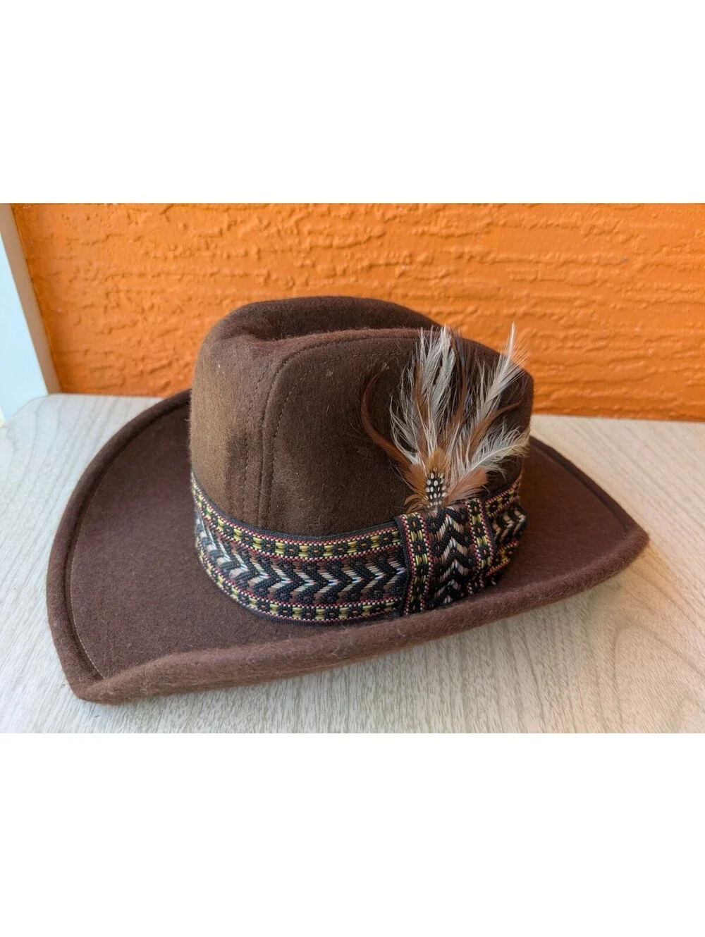 Vintage Boys Brown Wool Felt Cowboy Hat Feather USA Made Size 6 7/8–7 Western